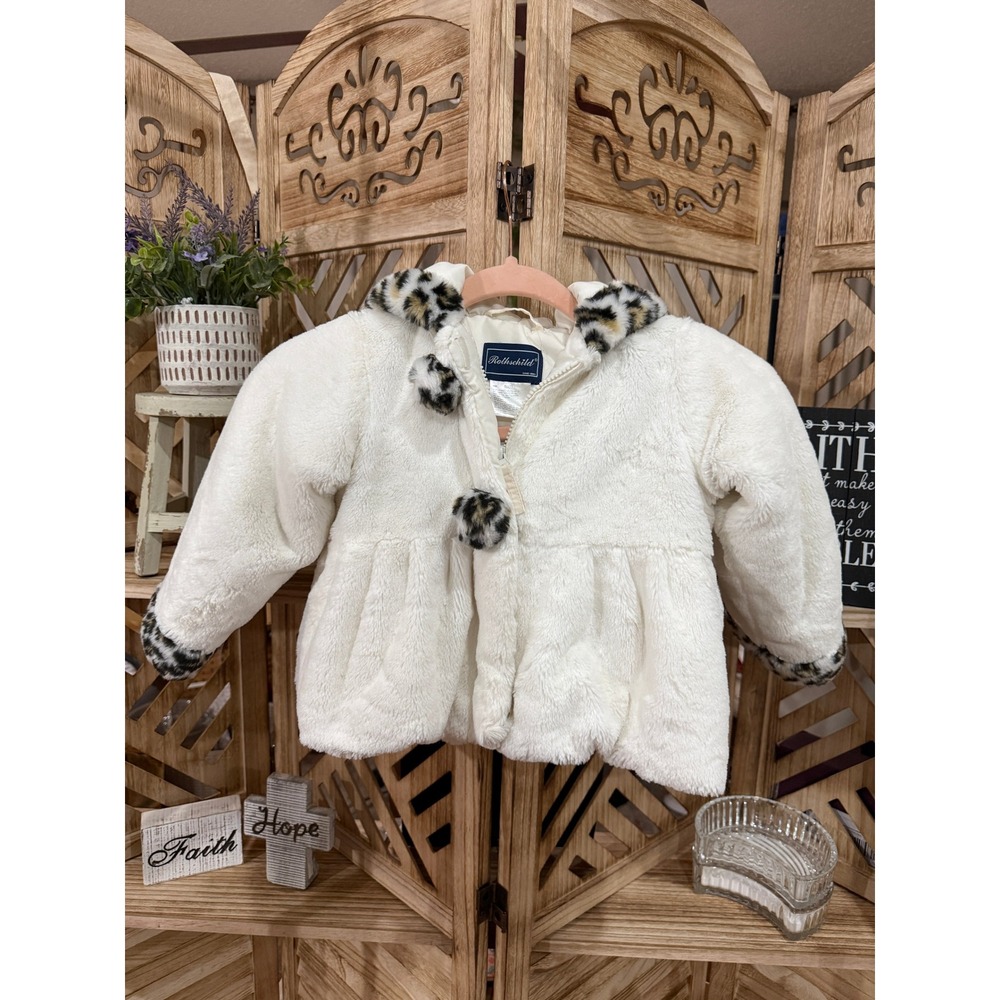 Rothschild Girls 2T Ivory‎ Faux Fur Leopard Trim Hooded Coat